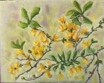 Forsythia painting, oil on canvas board, spring flowers tree fine art home decor wall hanging farmhouse country style