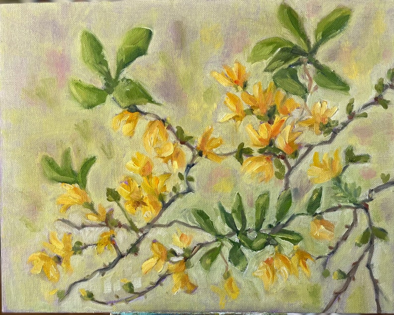 Forsythia painting, oil on canvas board, spring flowers tree fine art home decor wall hanging farmhouse country style image 1