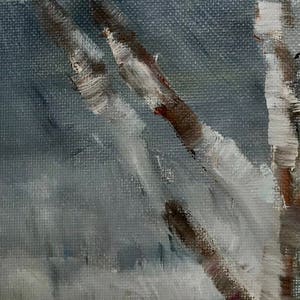 May include: A painting of a tree branch with white paint on it, against a gray background. The paint strokes are visible, giving the painting a textured look.