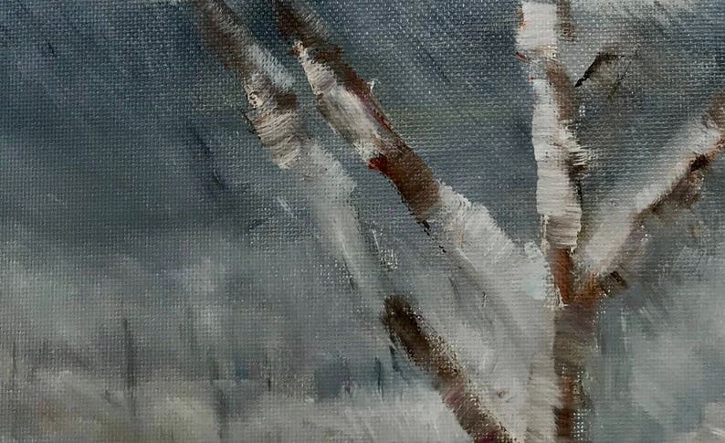 May include: A painting of a tree branch with white paint on it, against a gray background. The paint strokes are visible, giving the painting a textured look.