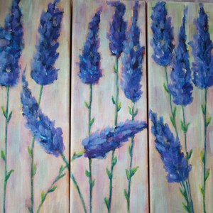 Original painting flowers - lavender floral - tryptic flower - garden field purple - fine art canvas - wall art home decor 12x12