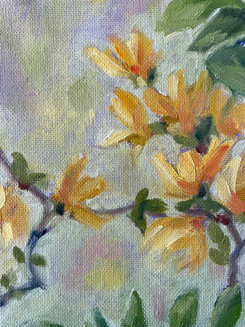 Forsythia painting, oil on canvas board, spring flowers tree fine art home decor wall hanging farmhouse country style image 8