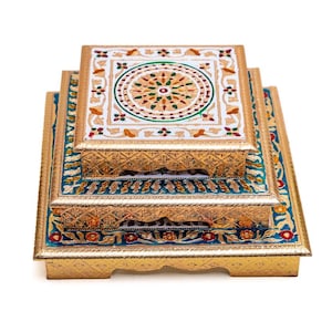 Handicraft Meenakari Wooden Choki Puja Bajot Patla Chowki for Home & Office for Pooja Festivals Floral Design Chowki - Pack of 3