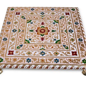 Multicolour Wooden Chowki | Bajot for Pooja, Home Décor & Diwali Gift, Square Chowki for Temple, Hand Crafted Meenakari Chowki, Temple Decor