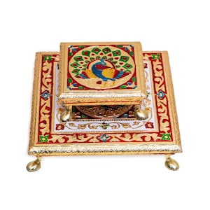 Hand-Painted Wooden Chowki Set of 2 – Traditional Pooja Bajot Table for Mandir, Festival & Home Decoration,  Diwali Home Decor, Rajasthani