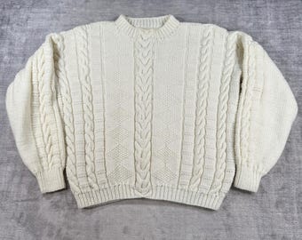 Vintage Kabelstickad Tröja Dam XL Krämfärgad Grov Aran Fisherman Pullover