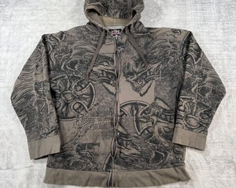 Sudadera MMA Elite para hombre, talla grande, color marrón, con estampado integral de calaveras, estilo vintage Y2K gótico.