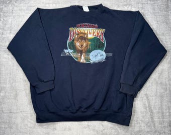 Bluza męska Vintage Nature XL granatowa z lat 90. z wilkiem Northern Discovery Wildlife