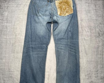 Coogi Jeans Mens 32x32 Blue Vintage Y2K Baggy Distressed Virgin Mary Embroidered
