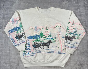Vintage mormors tröja Dam XL Vit vintermotiv pufftryck släde semester