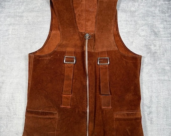 Vintage 1970s Suede Leather Vest Womans Medium Brown Buckle Western Biker Boho