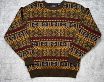 The Mens Store Sweater Mens Medium Brown Vintage 80s Geometric Wool Blend Aztech