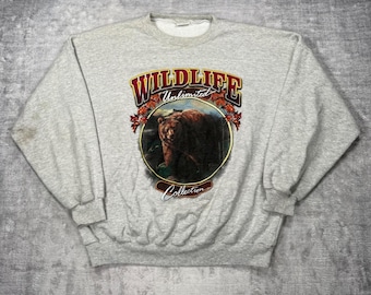 Vintage Nature Sweatshirt Herr XL Grå Björn Tobak Vilda Djur Kanada Crewneck