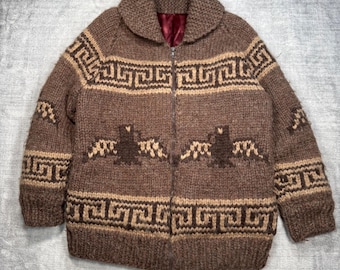 Suéter Cowichan vintage para hombre, talla XL, color marrón, Thunderbird Eagle, tejido a mano, con forro de cremallera, lana.