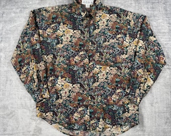 Lido Button Down Shirt Herren Large Multicolor Floral Vintage Seide Club Disco Boho