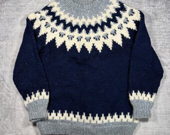 Suéter vintage hecho a mano para hombre, talla M, azul marino, con canesú Fair Isle, tejido de lana islandesa.