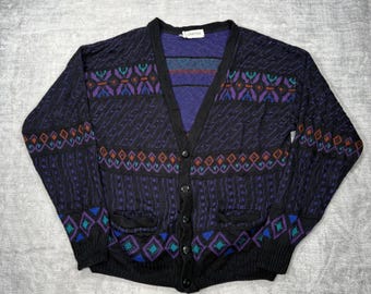 Oakton Sweater Mens XL Black Purple Geometric Knit Cardigan Vintage 90s Preppy