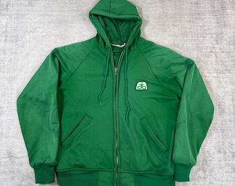 Sudadera Pioneer para hombre, talla grande, verde, estilo vintage de los 80, con cremallera completa, diseño agrícola descolorido.