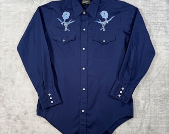 Camicia Astra da uomo taglia 16, blu, vintage, gaucho, ricamata, western, con bottoni a pressione in perla, stile cowboy