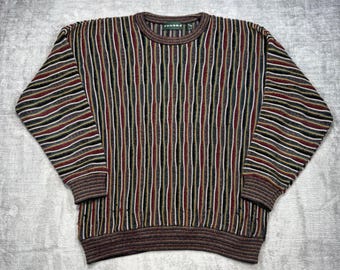 Suéter Tundra para hombre, talla XL, multicolor, estilo vintage de los 90, con rayas verticales y cuello redondo de punto 3D.