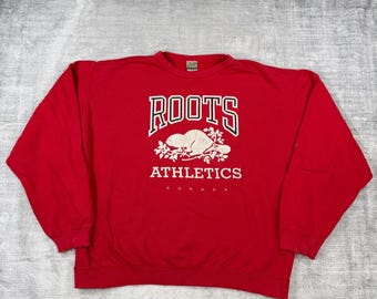 Roots Athletics-sweater heren groot Red Beaver-logo Vtg 80s Canada Distressed