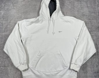 Sudadera Nike para hombre, talla grande, color blanco, estilo vintage Y2K, con capucha y logo Swoosh bordado.