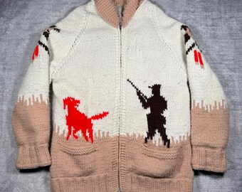 Vintage 1950s Cowichan Sweater Mens Large Cream Handknit Hunting Scene Lined
