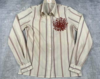 Gläser Shirt Mens 38 Cream Striped Vintage 1970s Fall Leafs Disco button Down