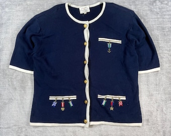 Susan Bristol Cardigan Womens Large Navy Vintage 90s Nautical Gold Button Knit