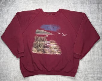Sudadera Northern Elements para hombre, talla XL, color granate, estilo vintage de los 90, con escena de caza de perros y naturaleza.