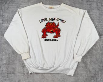 Duracell-sweater heren grote witte VTG 90s Love Machine Promo grappig ronde hals
