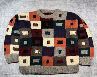 Vintage Handknit Sweater Mens Large Multicolor Patchwork Wool Chunky Knit Boho