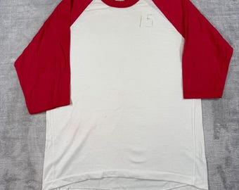 Vintage 1980s Raglan Shirt Mens Medium White Red Blank Baseball Single Stitch