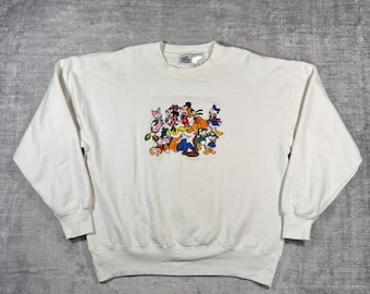 Sudadera vintage Disney para hombre, talla grande, blanca, con bordado de Mickey y sus amigos, años 90.