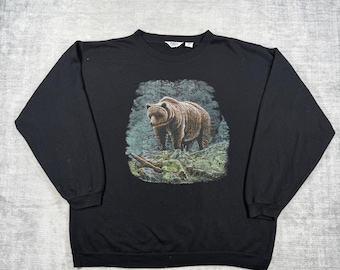Vintage Natur Sweatshirt Herren XL Schwarz Vintage 90er Jahre Grizzly Bear Rundhalsausschnitt