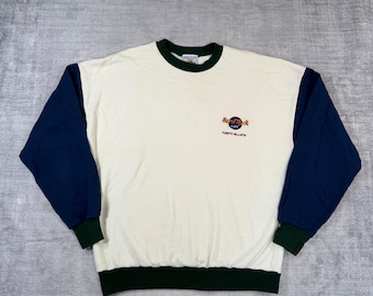 Sudadera Hard Rock Cafe para hombre, talla L, color crema, estilo vintage de los 90, con bloques de color, Puerto Vallarta.