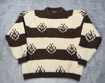 Lansea Sweater Womens Medium Brown Cream Striped Thistle Knit Vintage 1960s Wool