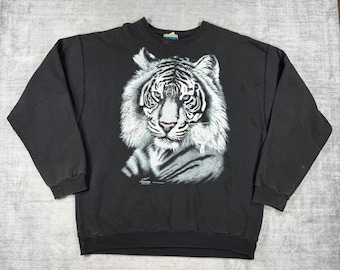 Sudadera Vintage Nature para hombre, talla XL, negra y blanca, con estampado de tigre, estilo años 80, cuello redondo desgastado.