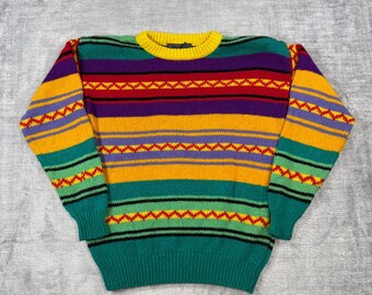 Lizwear Sweater Mens Small Multicolor Vintage 90s Geometric Knit Striped