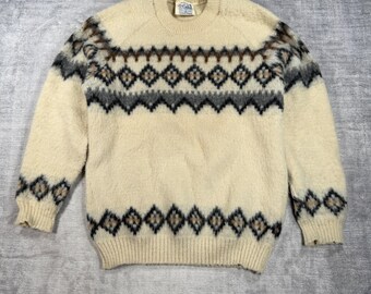 Caldwell-sweater heren XL crème vintage Fair Isle handgebreid jaren 1960, gemaakt in Canada