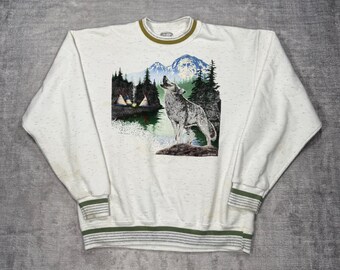 Sudadera Vintage Nature para hombre, talla L, color blanco jaspeado, estilo universitario de los 90, cuello redondo.
