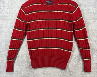 Jersey Polo Ralph Lauren para hombre, talla XL, rojo, estilo vintage de los 90, con cuello redondo acanalado y rayas.