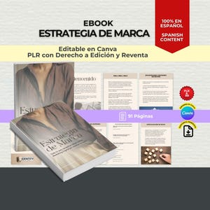 May include: An ebook titled "Estrategia de Marca" in Spanish, with the text "Editable en Canva" and "PLR con Derecho a Edición y Reventa." The cover features a woman in a brown shirt. The image includes a red banner with "100% EN ESPAÑOL" and "SPANISH CONTENT."