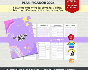 2026 Digital Planner Editable in Canva | Monthly, Weekly, and Daily Planner in Spanish, with PLR | Resale Rights