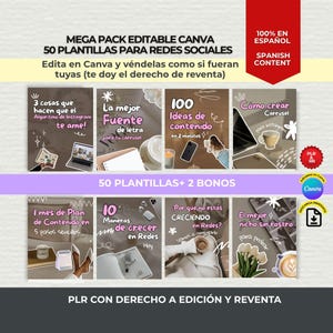 50 Plantillas Redes Sociales PLR EN ESPAÑOL | Documento Editable Canva | Pack Instagram + Videos + Mockups | Derecho de Reventa