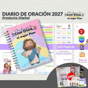 Könnte beinhalten: Ein digitales Gebetstagebuch für 2027 mit dem Titel Planifico mi día Con Dios, Porque Él tiene el mejor Plan, inklusive spiralgebundenem Einband mit Jesus-Illustration, Planungsseiten, 200 Seiten Umfang und zusätzlichen digitalen Inhalten.