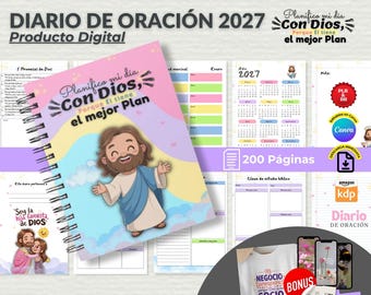 May include: A digital prayer journal for 2027 titled Planifico mi día Con Dios, Porque Él tiene el mejor Plan, featuring a spiral-bound cover with a cartoon illustration of Jesus, internal planner pages, a 200-page count, and bonus digital assets.