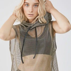 Hooded Metallic Mesh Tank Top – Sheer Sleeveless Hoodie, Transparent Festival Shirt, Rave Clubwear & Summer Beach Outfit