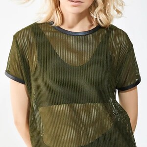 Women’s Sheer Green Mesh T-Shirt , transparent See-Through Top, Sexy Festival Clubwear, Beachwear & Night Out Outfit