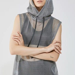 Hooded Metallic Mesh Tank Top – Sheer Sleeveless Hoodie, Transparent Festival Shirt, Rave Clubwear & Summer Beach Outfit